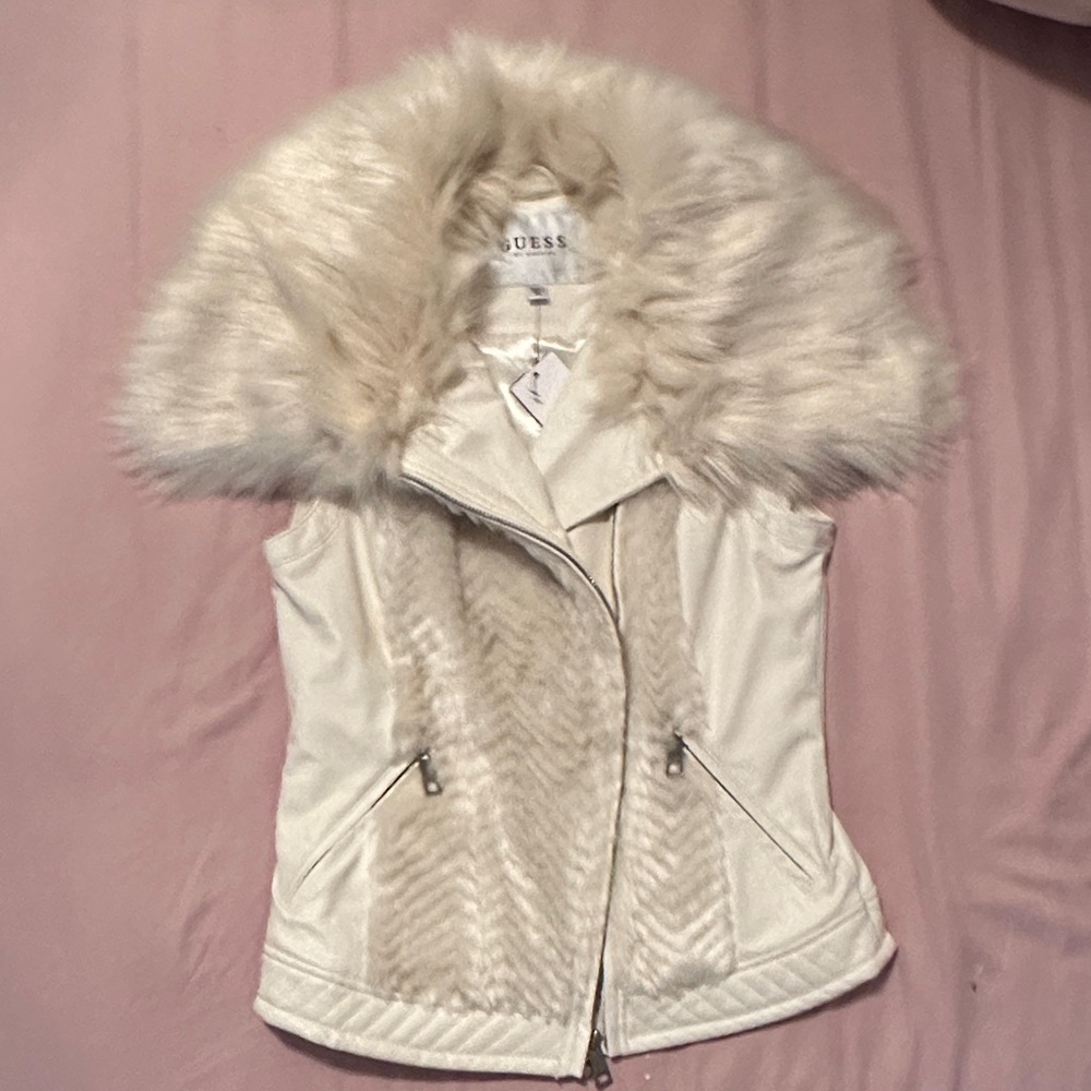 GUESS Women's Ivory Faux Fur Vest
